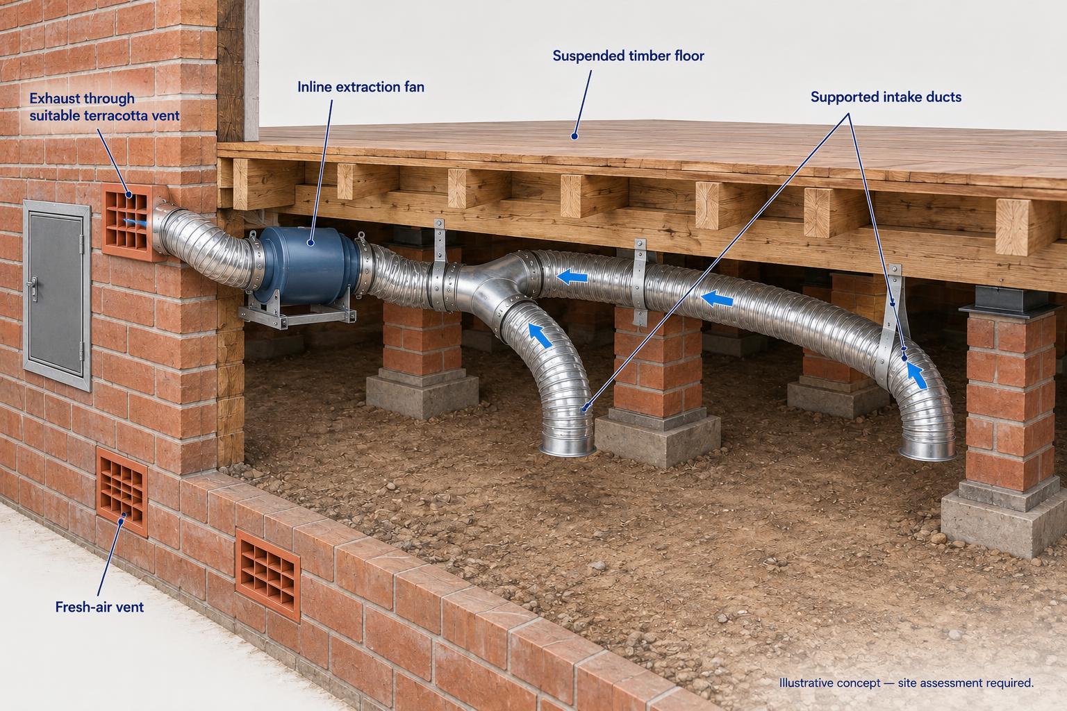 Australian timber subfloor cutaway with brick piers, supported ducts joined through a Y-junction to an inline extraction fan, two downward-facing intakes above the soil and one outlet connected to a terracotta vent. Other vents provide fresh air.